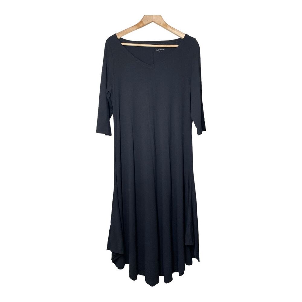 Eileen Fisher Black Dress 3/4 Sleeve V-Neck Viscose Blend Med Lagenlook Capsule